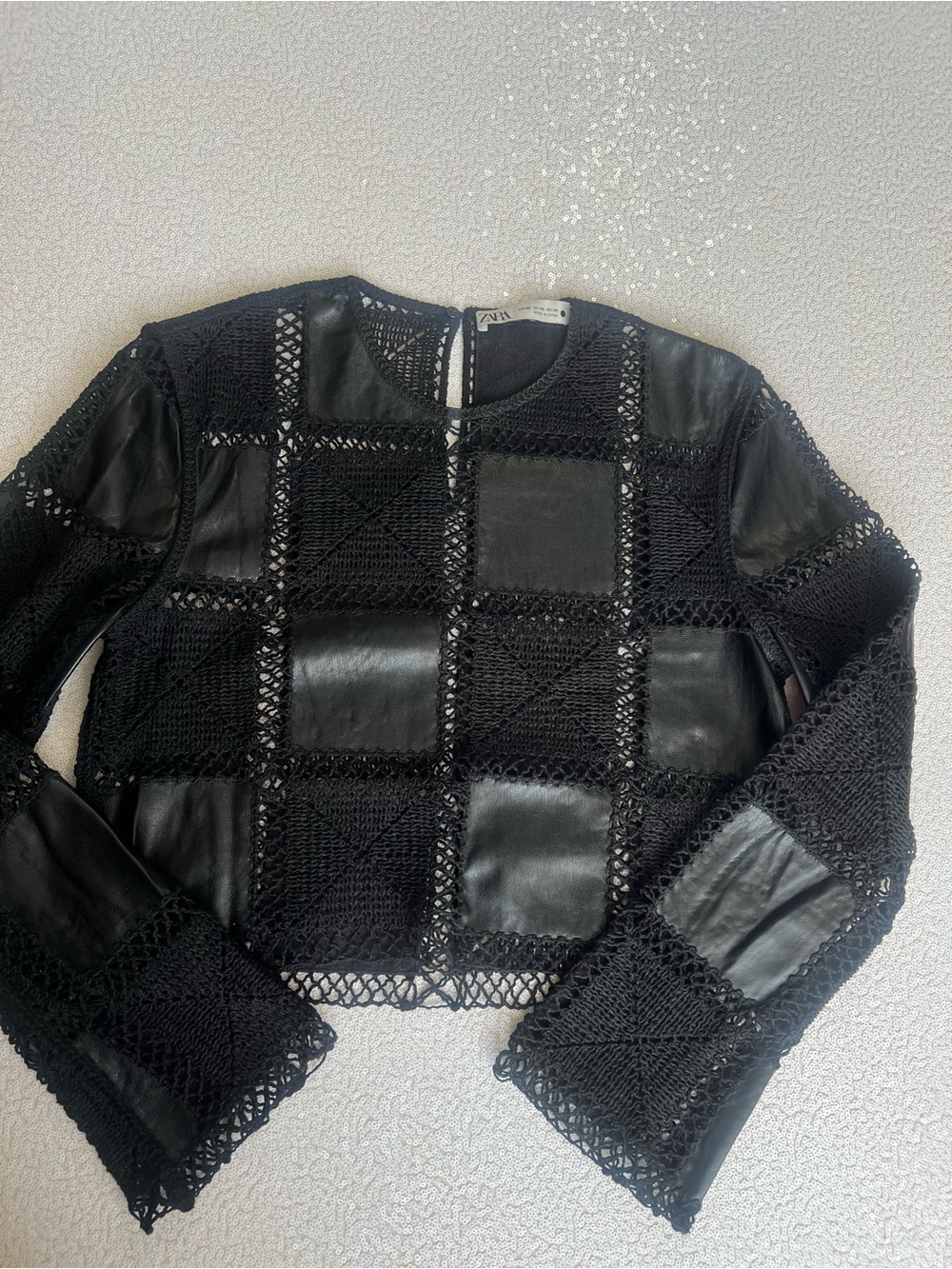 ZARA Black Crocheted Leather Patchwork Top